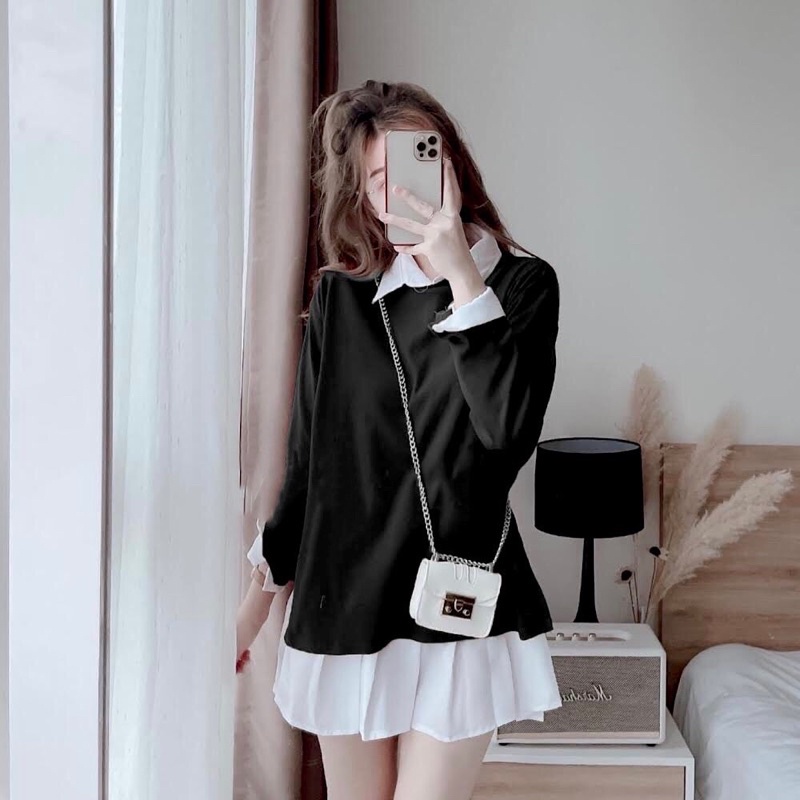 Set áo sơ mi trắng chân xếp ly kèm đầm đỏ bên ngoài cực chất,đầm nữ đi chơi đi tiệc đi làm đều xinh