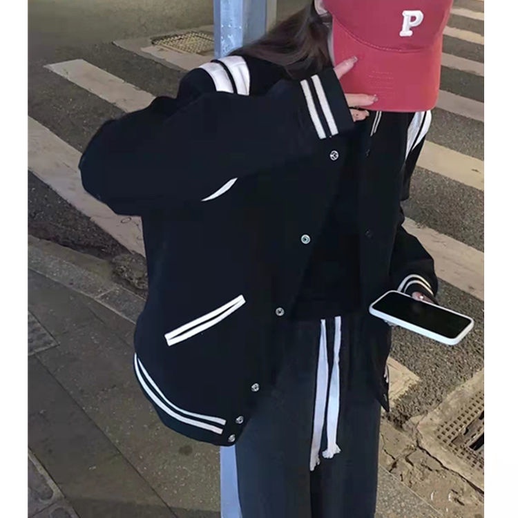 Áo Khoác Bóng Chày Bằng Len 22ss Màu Trắng Đen Phong Cách Mỹ Cổ Điển