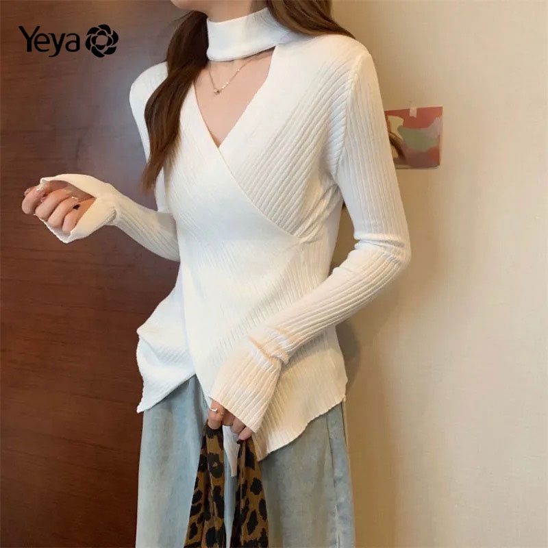 Áo kiểu YEYA dệt kim tay dài thiết kế mỏng phong cách mới thời trang dành cho nữ