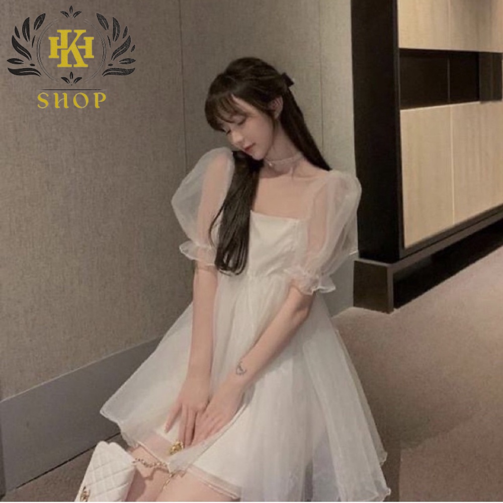 Váy Babydoll Nữ Tay Phồng Cổ Vuông- Đầm Công Chúa Tiểu Thư Dáng Xoè Chất Voan 2 Lớp Bồng Bềnh Phong Cách Hàn Quốc