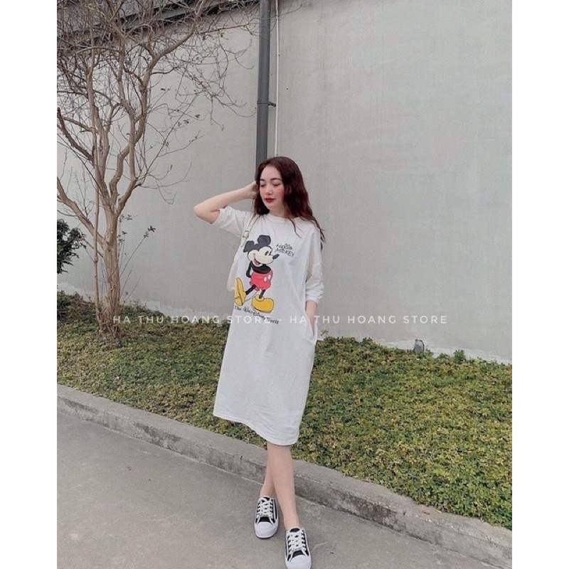 Đầm Vintage 3 Màu Đen Cam Trắng . Váy Xuông Tay Lỡ In Hình Micky Form Rộng Cá Tính Ulzzang