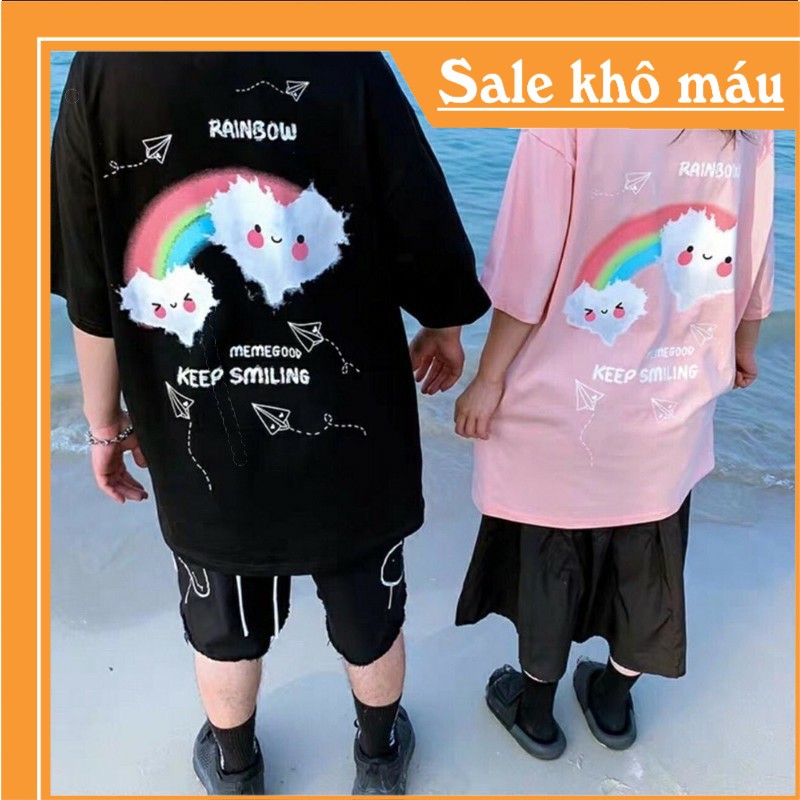 [ SALE KHÔ MÁU ] Áo Thun Tay Lỡ Freesize Phông Form Rộng Dáng Unisex, Mặc lớp,Nhóm,Cặp In Hình Mây Cầu Vồng KEEP SMILING