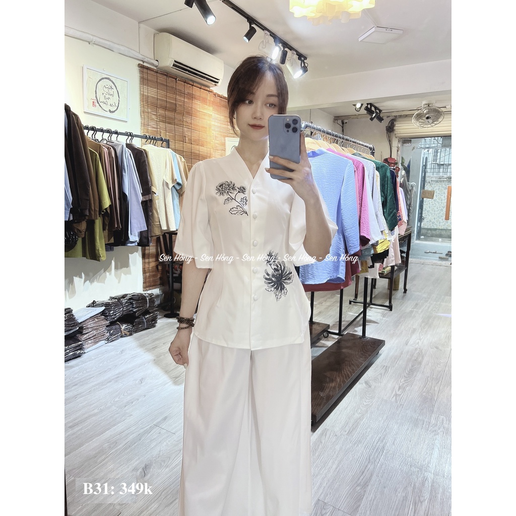 QUẦN ÁO PHẬT TỬ ĐI CHÙA CAP CẤP - pháp phục nữ vải cotton lạnh # mẫu đồ lam đi lễ thêu hoa cúc thanh lịch B31