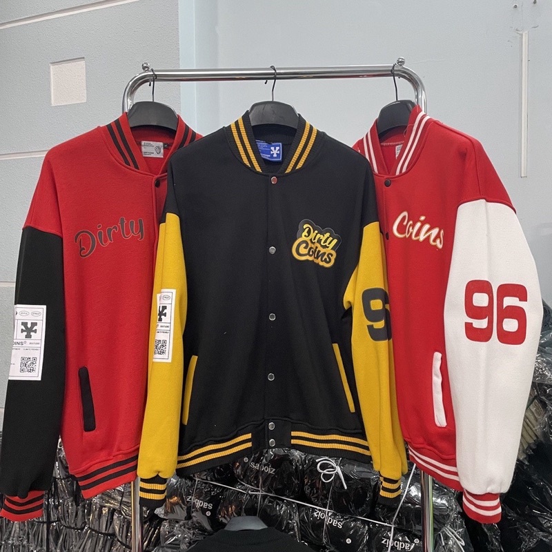 Áo khoác DirtyCoins Embroidered Varsity Jacket áo bomber Dirty coins Đen tay vàng full tag Hany Shop