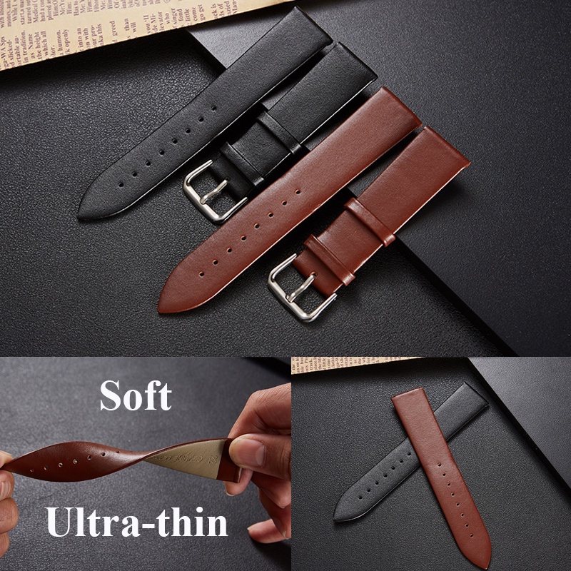 Dây Đeo Đồng Hồ Thay Thế Bằng Da Thật Siêu Mỏng Màu Nâu/Đen 16/18/20/22/24mm