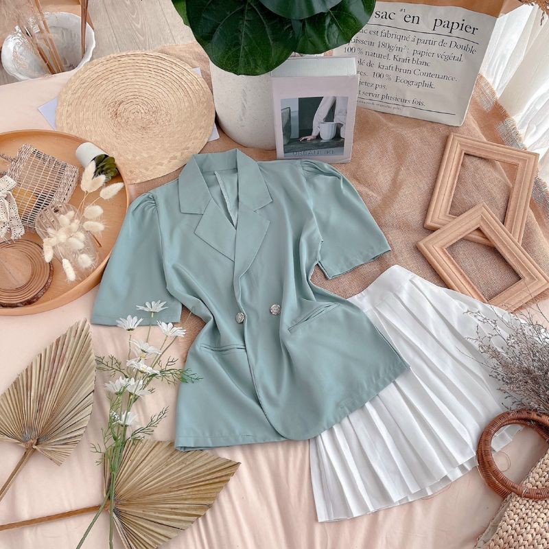 set vest tay ngắn + chân váy dập ly