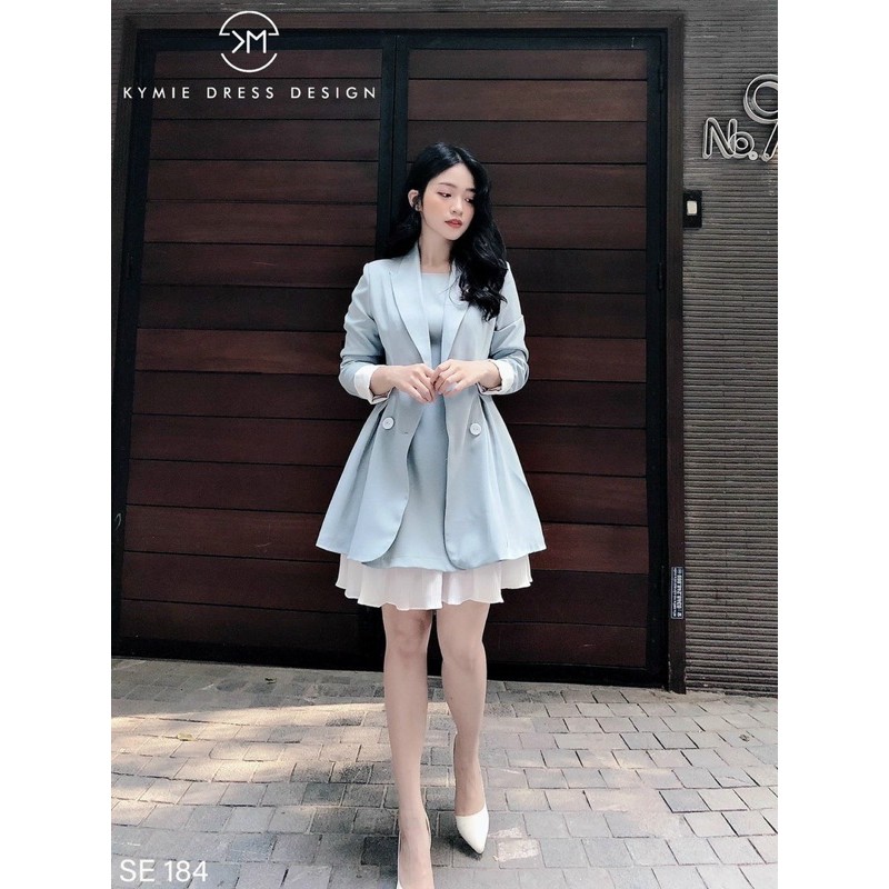 Set áo khoác vest phối đầm xoè dập ly, Combo đầm bèo + áo khoác vest tay dài