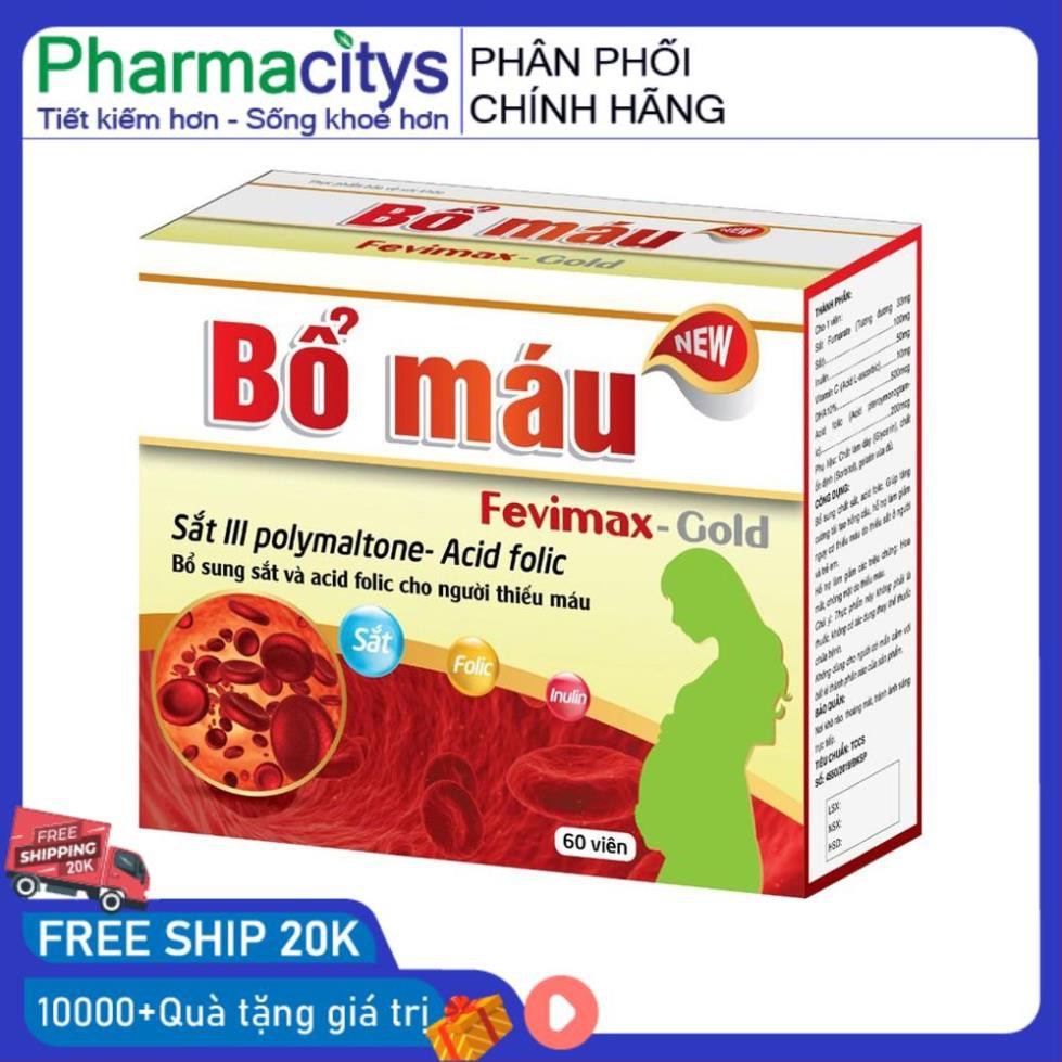 Viên uống Bổ máu Fevimax Gold bổ sung Sắt, Acid Folic cho người thiếu máu, phụ nữ mang thai và cho con bú - Hộp 60 viên