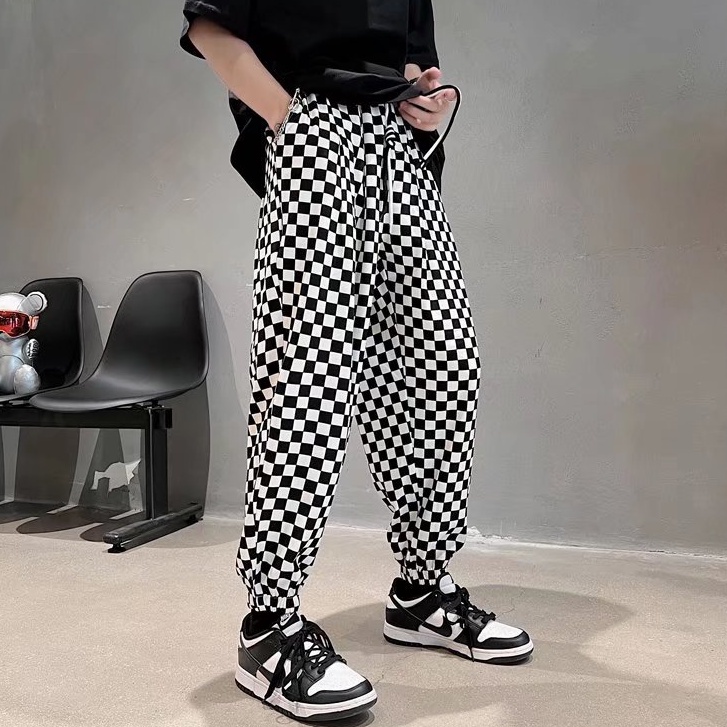 Quần ống rộng Sọc Caro Trắng Đen Thời Trang Nam Tính