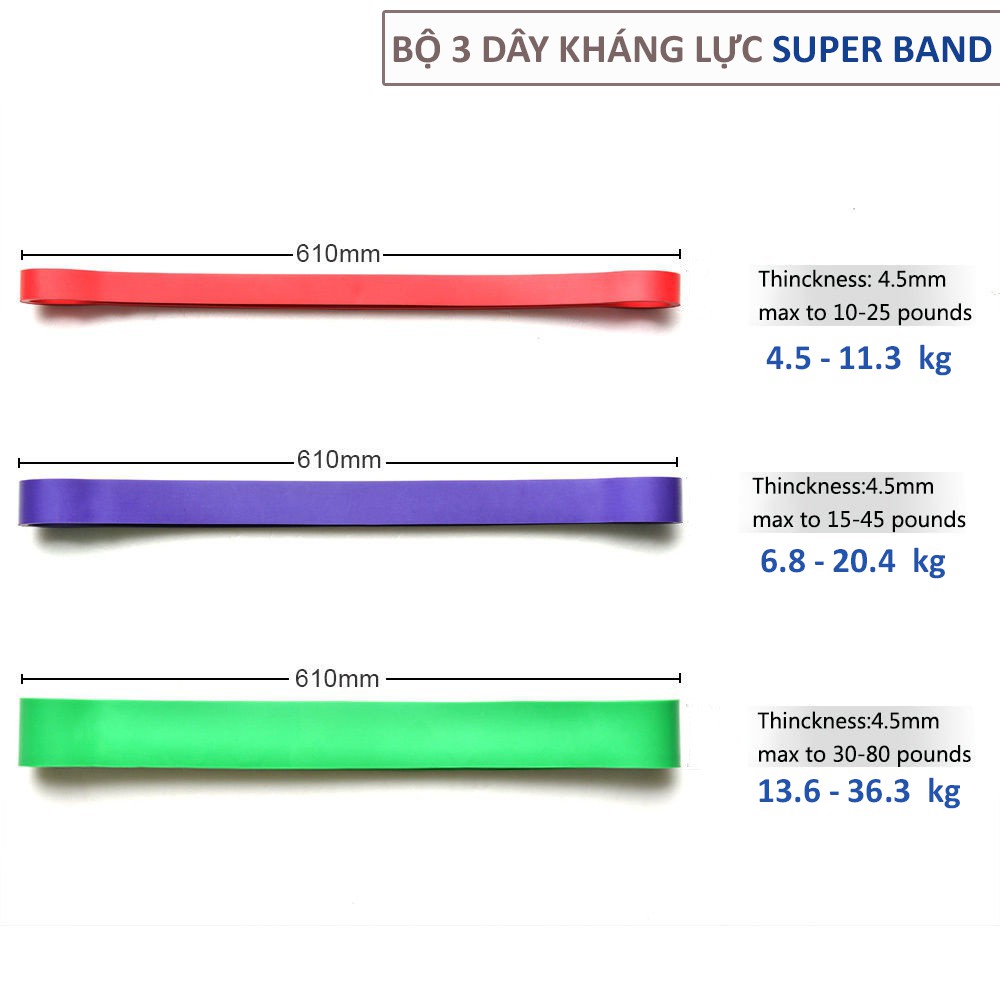 Bộ 3 Dây Kháng Lực Super Band Chuyên Dụng Các Bài Tập Săn Chắc Cơ Mông, Cơ Đùi, Cơ Bụng, 3 Dây Tương Ứng 3 Cấp Lực