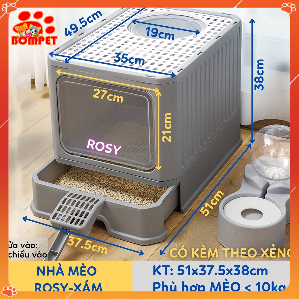 Nhà Vệ Sinh Cho Mèo Có Ngăn Kéo Khép Kín Có Cửa Vào Ra Riêng, Có Chống Văng Cát Kèm Xẻng Roxy - BomPet