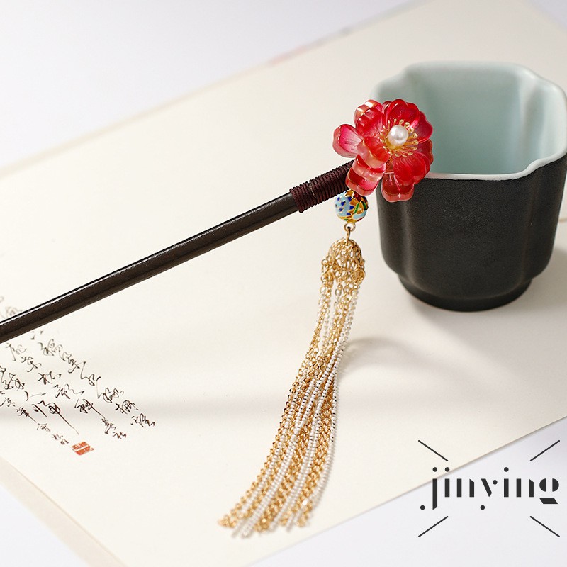 Trâm cài tóc GETNOIVAS hình hoa pha lê đỏ phối tua rua phong cách cổ trang Trung Hoa