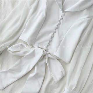 [HÀNGÁo croptop sơ mi thắt nơ lưng mở khuy cúc chất lụa - by SugarG
