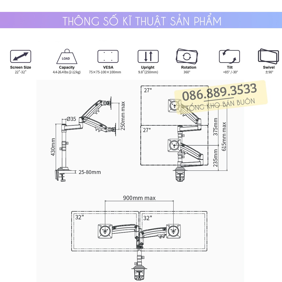H180 / Giá Treo 2 Màn Hình NB H180 22 - 32 Inch / Giá Đỡ Hai Màn Hình Kẹp Bàn - Xoay 360 Độ