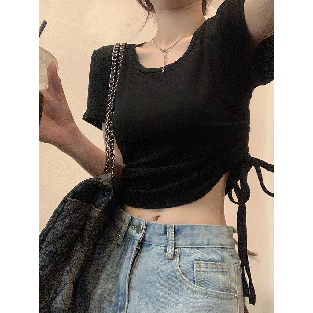 Áo Thun Nữ Ngắn Tay Cổ Tròn Ôm Dáng Phối Dây Rút Thời Trang Mùa Hè