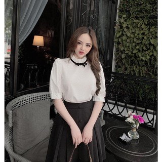 Sét Áo Cột Nơ Đen , Phối Chân Váy Xếp Ly Đính Nút Dáng Xòe Thời Trang Nữ ( Mẫu Mới ) Tiển Thư Quyến Dũ