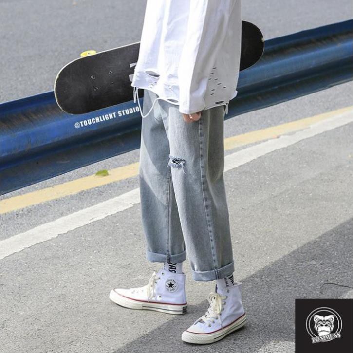 Quần jean nam khóa zipper rách gối màu đen co giãn ponluxury