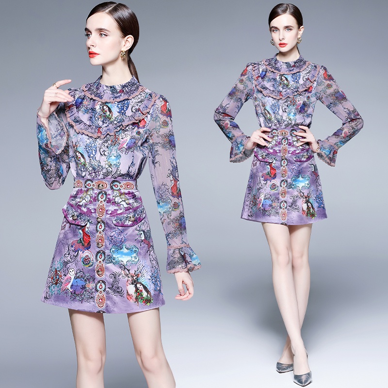 Bộ Áo Tay Dài In Họa Tiết Chất Liệu Chiffon + Quần Dài Thời Trang Cho Nữ