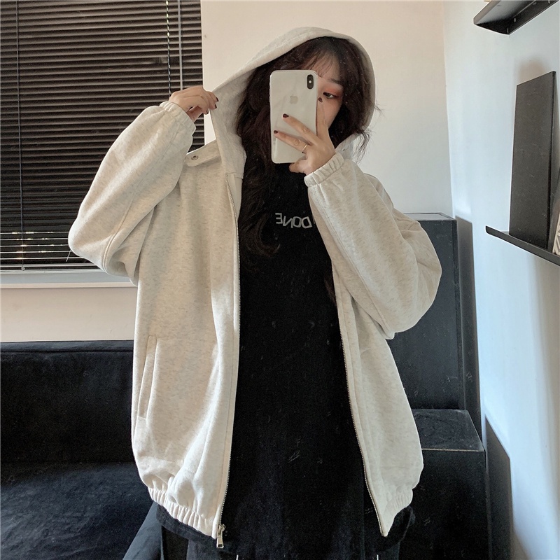 Áo hoodie dài tay màu trơn phối khóa kéo thời trang mùa thu năng động