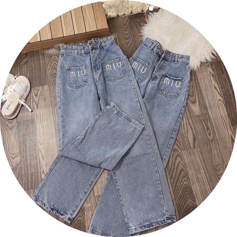 BLACK FRIDAY SALE Quần jeans ống suông lưng cao 2 túi thêu miumiu