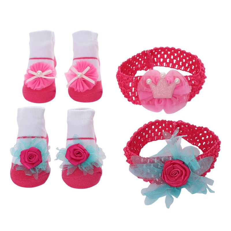 Set vớ cotton + băng đô đính hoa dễ thương để chụp ảnh cho bé sơ sinh