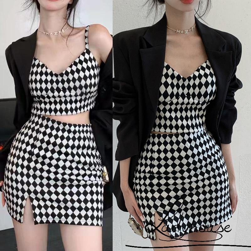 Ld-áo Tank Top + Chân Váy Cotton In Họa Tiết Kẻ Sọc Xẻ Tà Lưng Cao Thời Trang Mùa Hè Cho Nữ