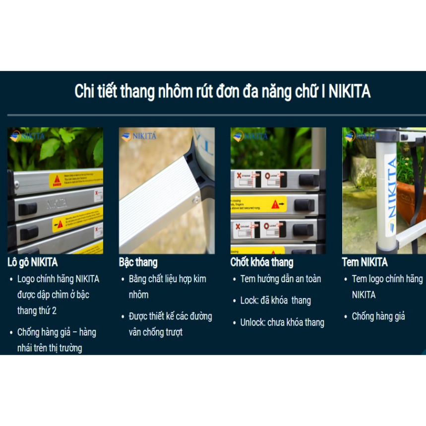 Thang nhôm rút xếp đơn cao cấp Chính Hãng Nikita R26, R32, R38, R41, R50, R54, R58, R62 cao từ 2m6 đến 6m2