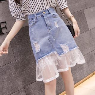 [Hàng Có Sẵn] Chân Váy Denim Rách Viền Ren Dáng Chữ A Phong Cách Preppy