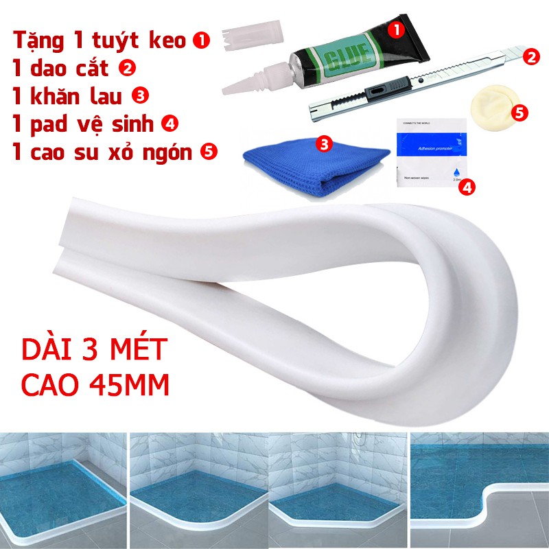 3/4/5 Mét Ron Thanh Dài Chặn Ngăn Nước Tràn Nhà Tắm Nhà Bếp Nước Silicone 45mm