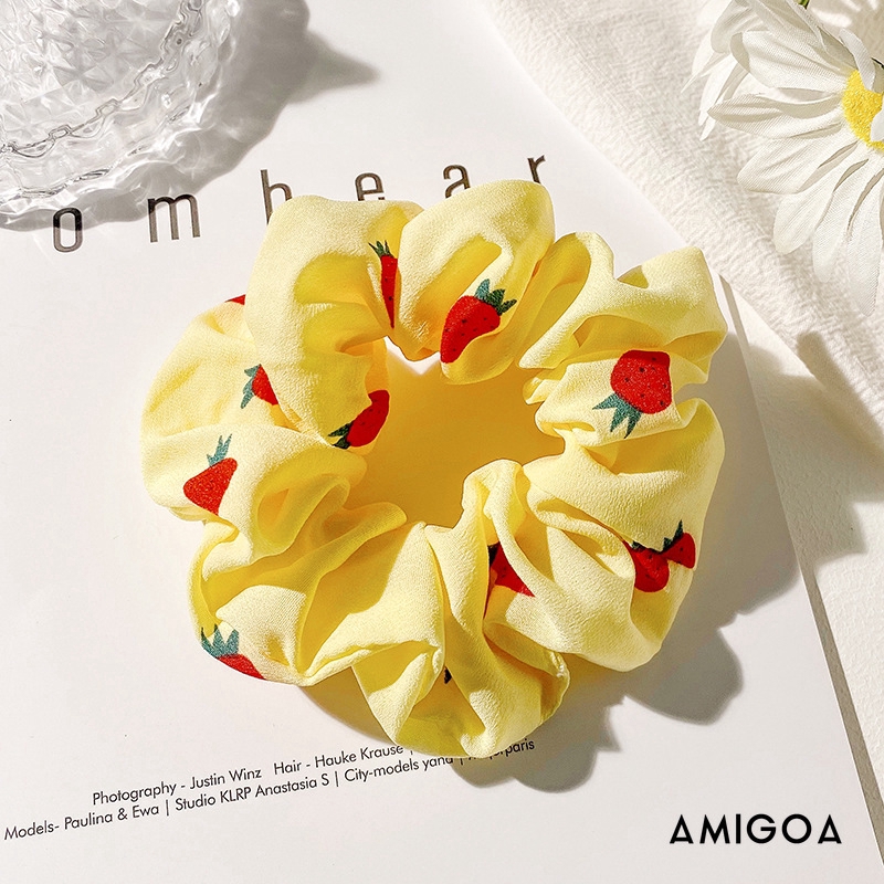 ✨✨Dây buộc tóc vải satin in hình dâu tây thời trang cho nữ