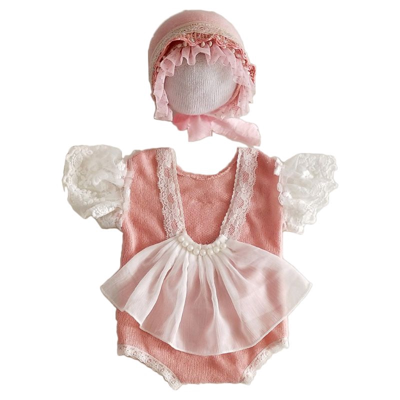 Mary☆2Pcs Newborn Photography Props Suit Lace Romper + Hat Set Knit Outfits Clothing