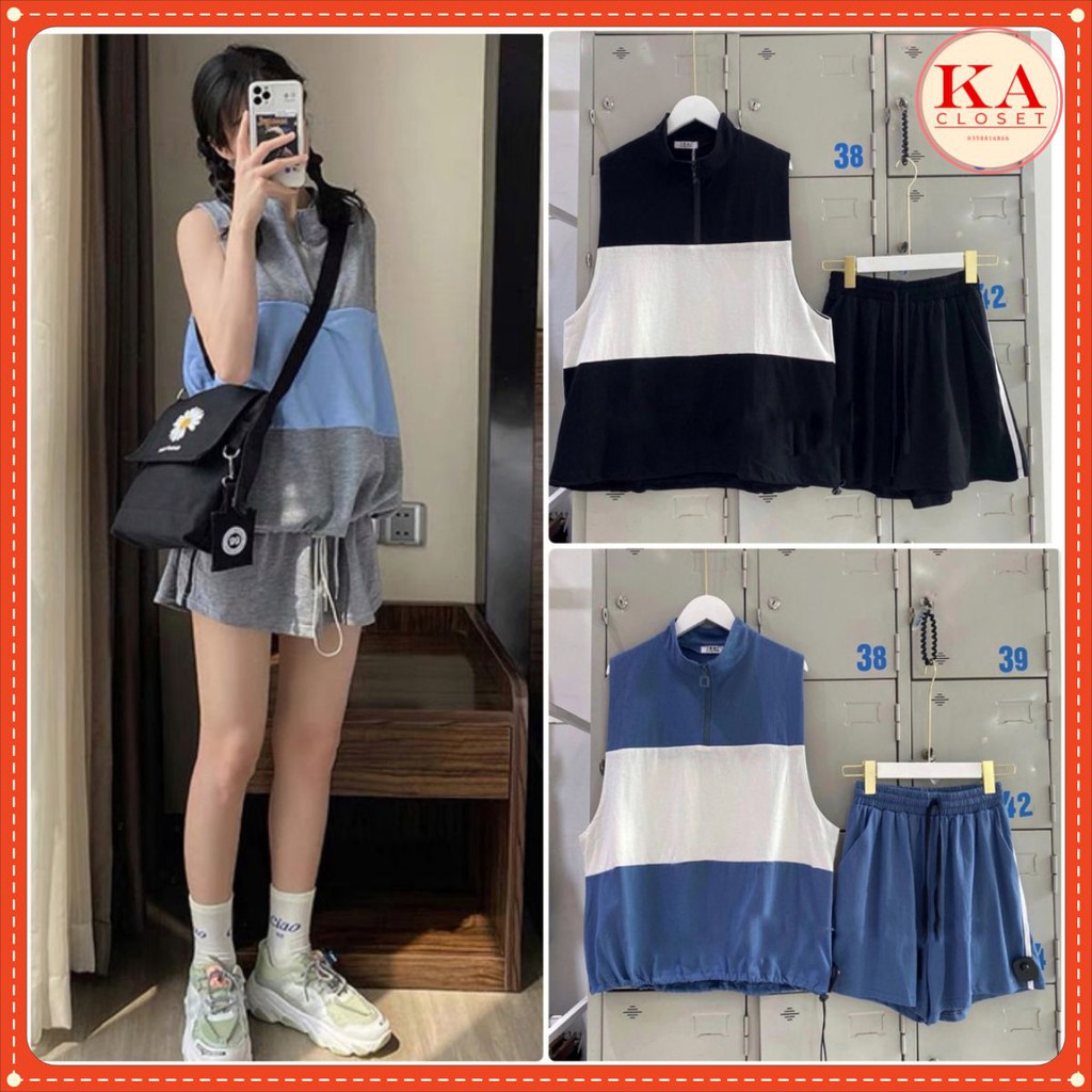 Bộ tanktop can phối 3 màu KA Closet khóa cổ, rút eo gồn Áo và Quần HÀNG ĐẸP FROM RỘNG