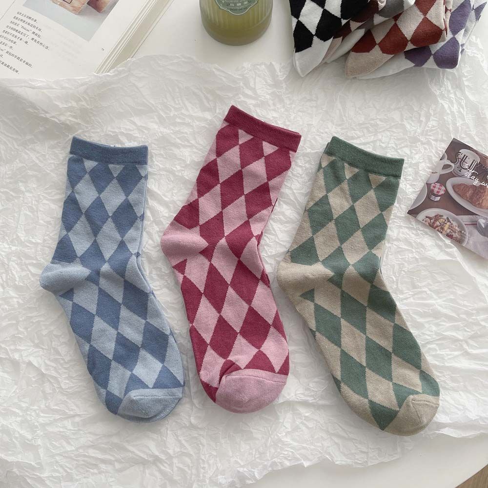 Đôi vớ cotton thoáng khí họa tiết sọc caro VANES1 phong cách Harajuku Hàn Quốc thời trang cho nữ