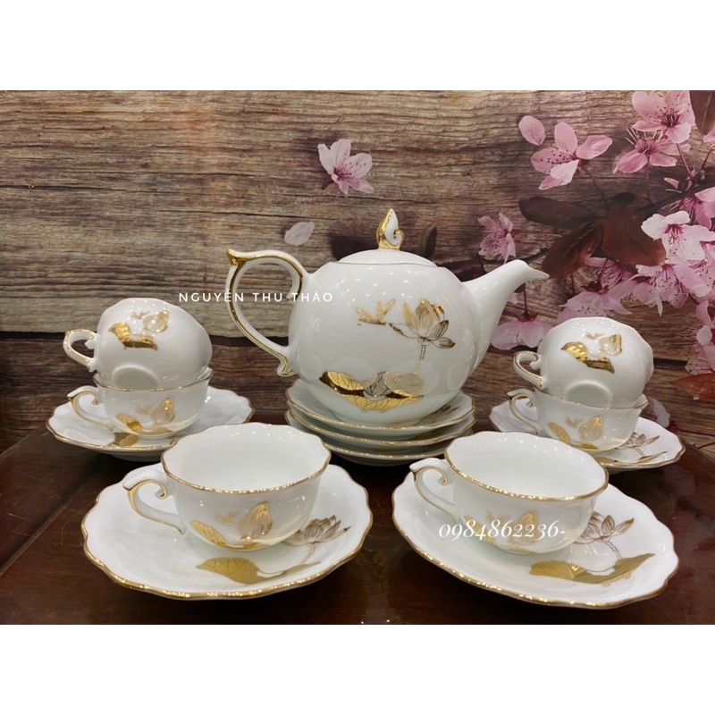 Bộ ấm chén MẪU ĐƠN TRẮNG VẼ CẢNH VIỀN VÀNG BÁT TRÀNG- Bộ trà đẹp