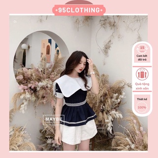 Áo peplum nữ , áo nữ đẹp tiểu thư sang chảnh xanh phối trắng