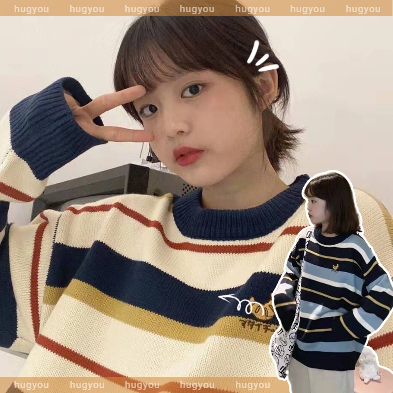 Áo Sweater Dáng Rộng Họa Tiết Kẻ Sọc Phối Màu Độc Đáo Phong Cách Hàn Quốc Cho Nữ
