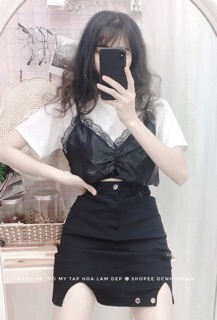 Set áo croptop phối chân váy khoen
