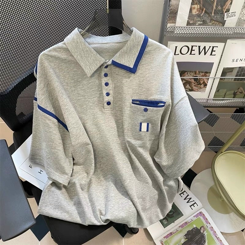 Set đồ nam nữ form rộng unisex, áo cổ bẻ kèm quần short đùi thêu logo chất liệu cotton tổ ong