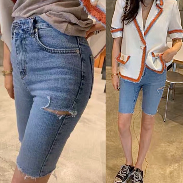 Quần Lửng/Ngố Jean Giãn Mạnh Lưng Cao Trên Rốn 2 Màu Đậm/Nhạt