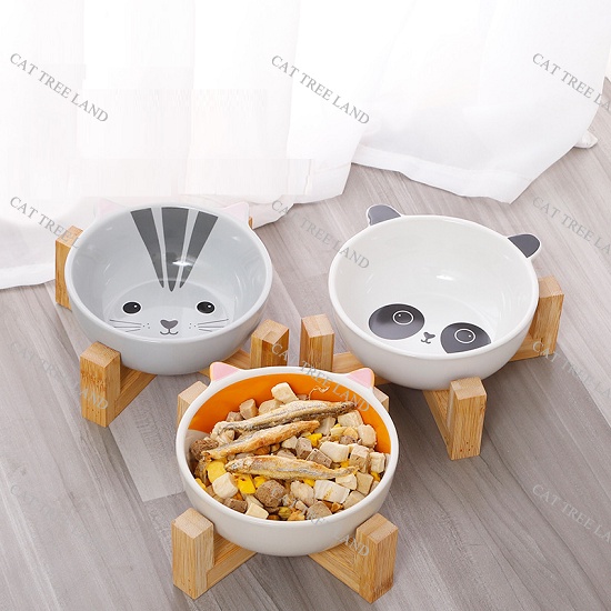 BÁT ĂN CHÓ MÈO BẰNG SỨ, KÈM ĐẾ GỖ TỰ NHIÊN - KHAY ĐỰNG THỨC ĂN CHO THÚ CƯNG