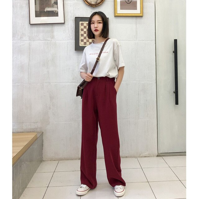 New Women Casual Basic Long Wide leg Pant Trousers Elastic Suit Solid Plus Size S~4XL