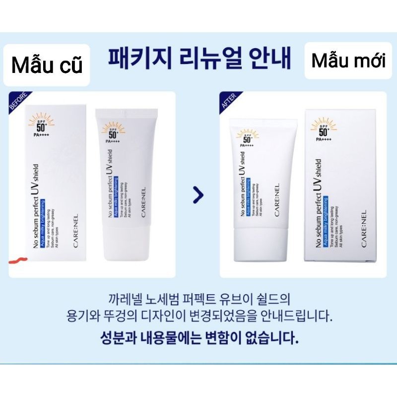 Kem Chống Nắng Nâng Tone Da Care:nel No Sebum Perfect UV Shield SPF50+ PA++++ 50ml