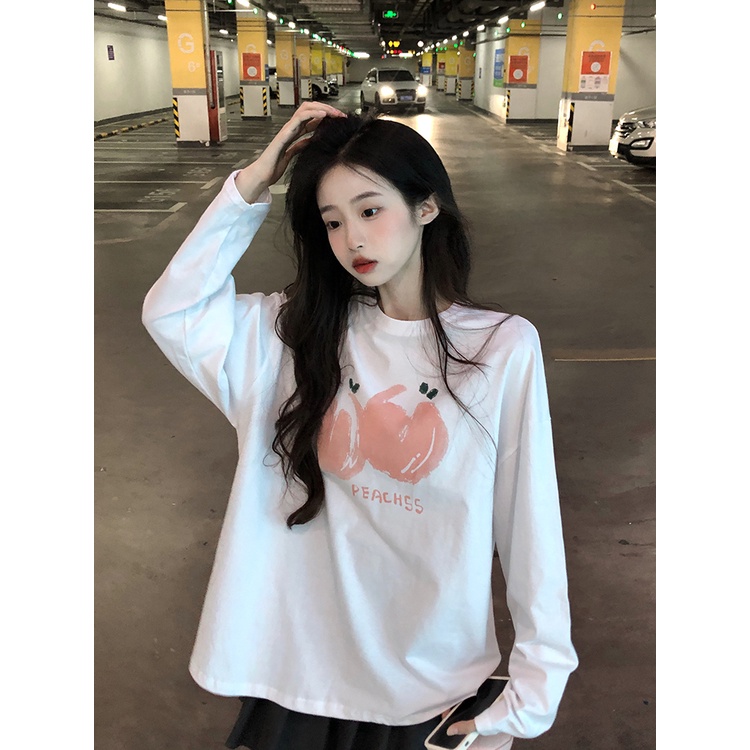 Áo thun cotton tay dài dáng rộng phong cách thời trang Hàn Quốc dành cho nữ