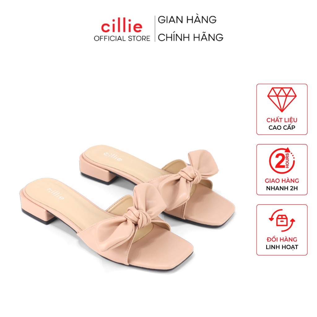 Guốc nữ quai ngang mũi vuông trendy phối nơ độc đáo gót 3cm đi làm đi chơi dạo phố Cillie 1178