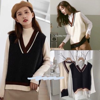 Áo len gile nữ, Áo gile cổ V trơn viền kẻ xẻ tà