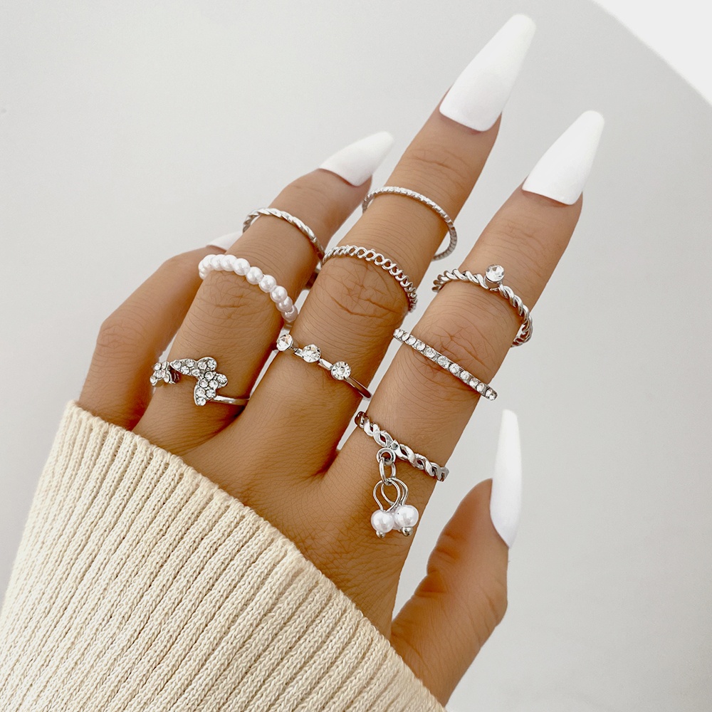 Set Nhẫn Đeo Khớp Ngón Tay Kim Loại Đính Đá Và Ngọc Trai Xinh Xắn Cho Nữ