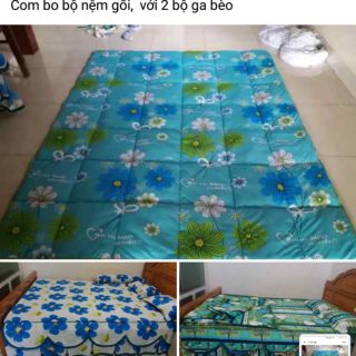 Com bo 1 bộ nệm gối và 2 bộ ga gối có bèo như hình. Thun hàn mát, quay máy ok