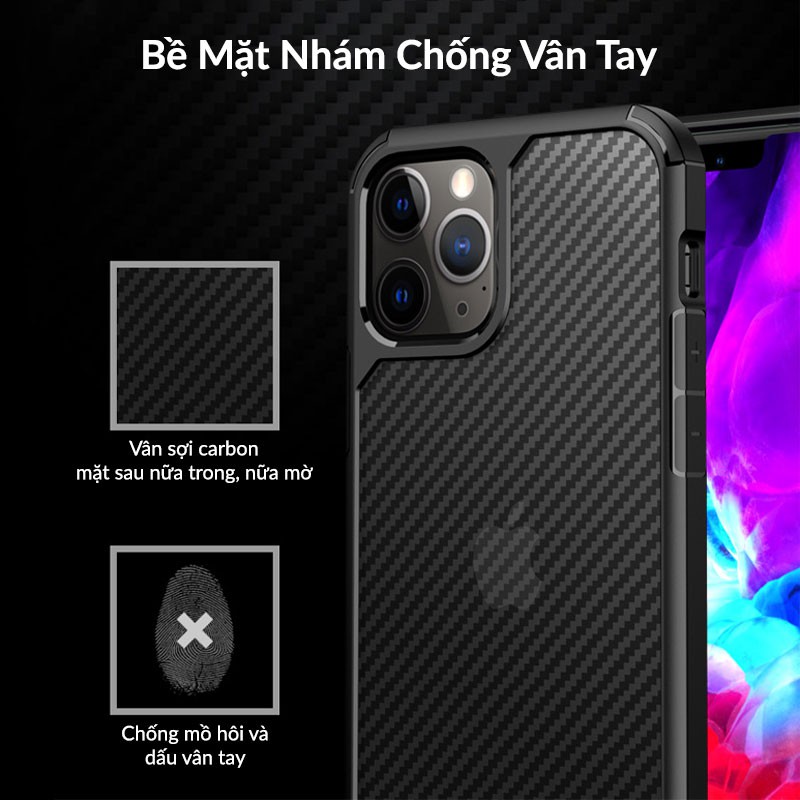 Ốp Lưng iPhone iPAKY Carbon Series Chống Sốc, Viền TPU Mềm, Mặt Sau Vân Carbon Mờ Chống Trầy Xước, Không Bám Vân Tay