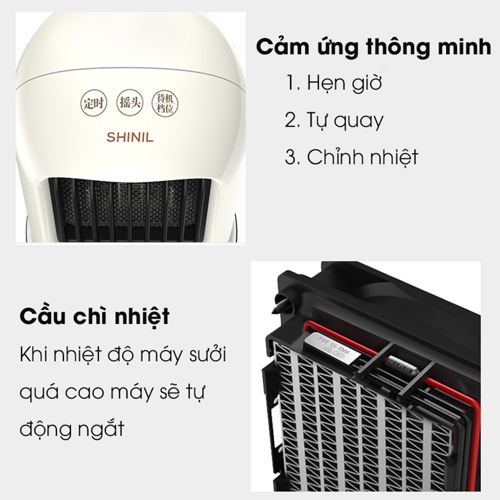 Máy sưởi mini để bàn Shinil, quạt sưởi mini, Làm nóng nhanh, cấp khí góc rộng, chống cháy, tự ngắt khi đổ