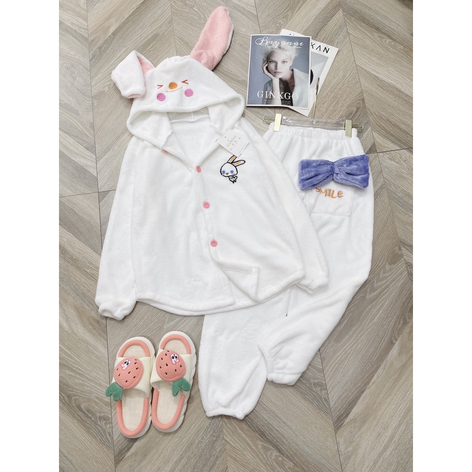 Bộ Lông Mũ Tai Thỏ Gắn Nơ Thêu Hình Chất Looing Cừu Vintage  Mặc Nhà Nam Nữ Dáng Rộng